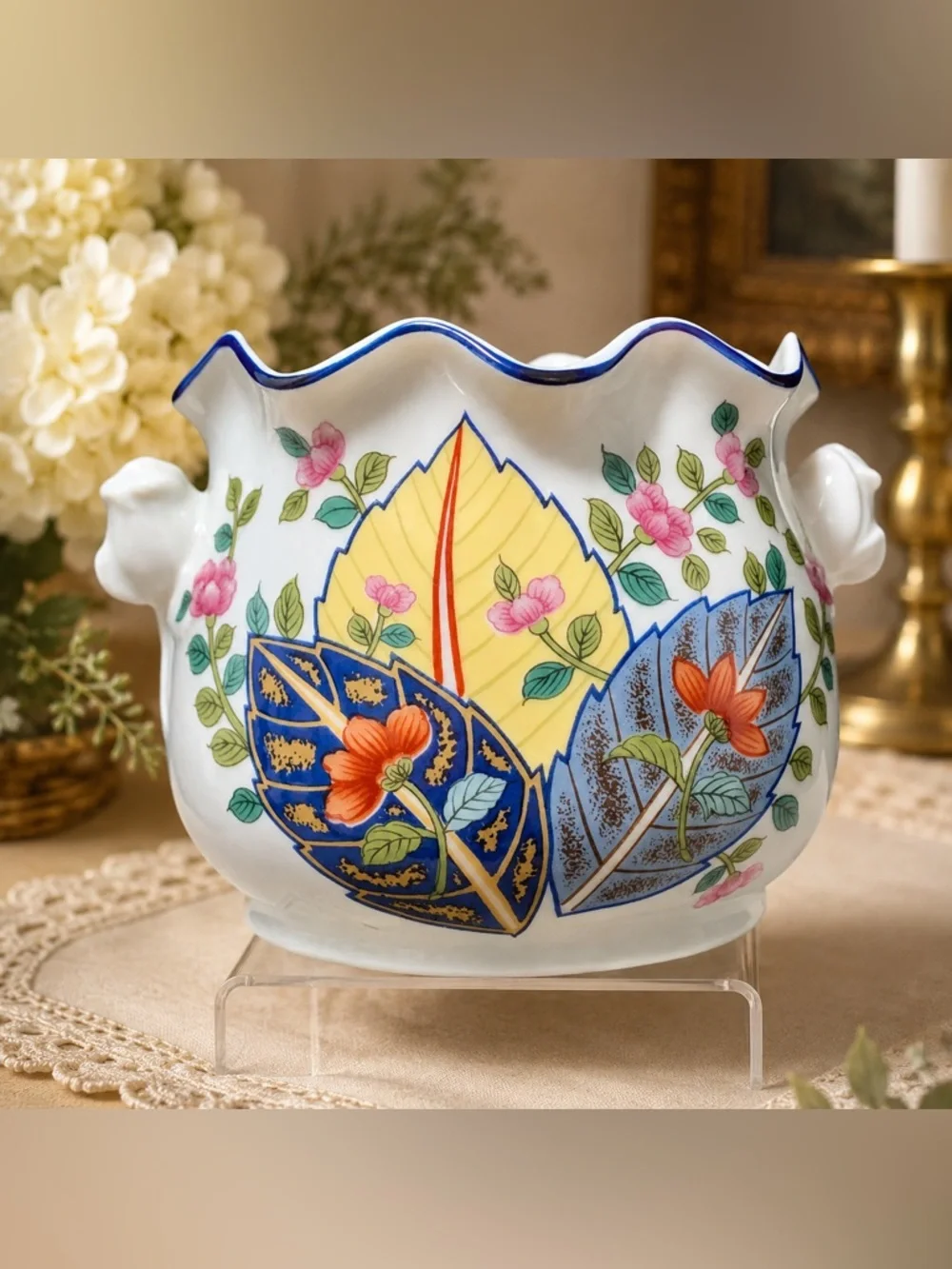 🔍 Vintage Seymour Mann “Tobacco Leaf” Fine China Cachepot / Planter – 1970s